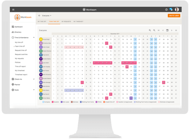 Workteam Time Off dashboard with leave balances and pending requests
