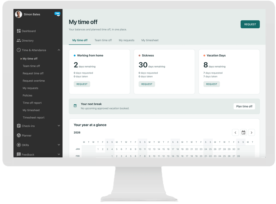 Refreshed Workteam My time off dashboard showing leave balances, request buttons and a year-at-a-glance calendar