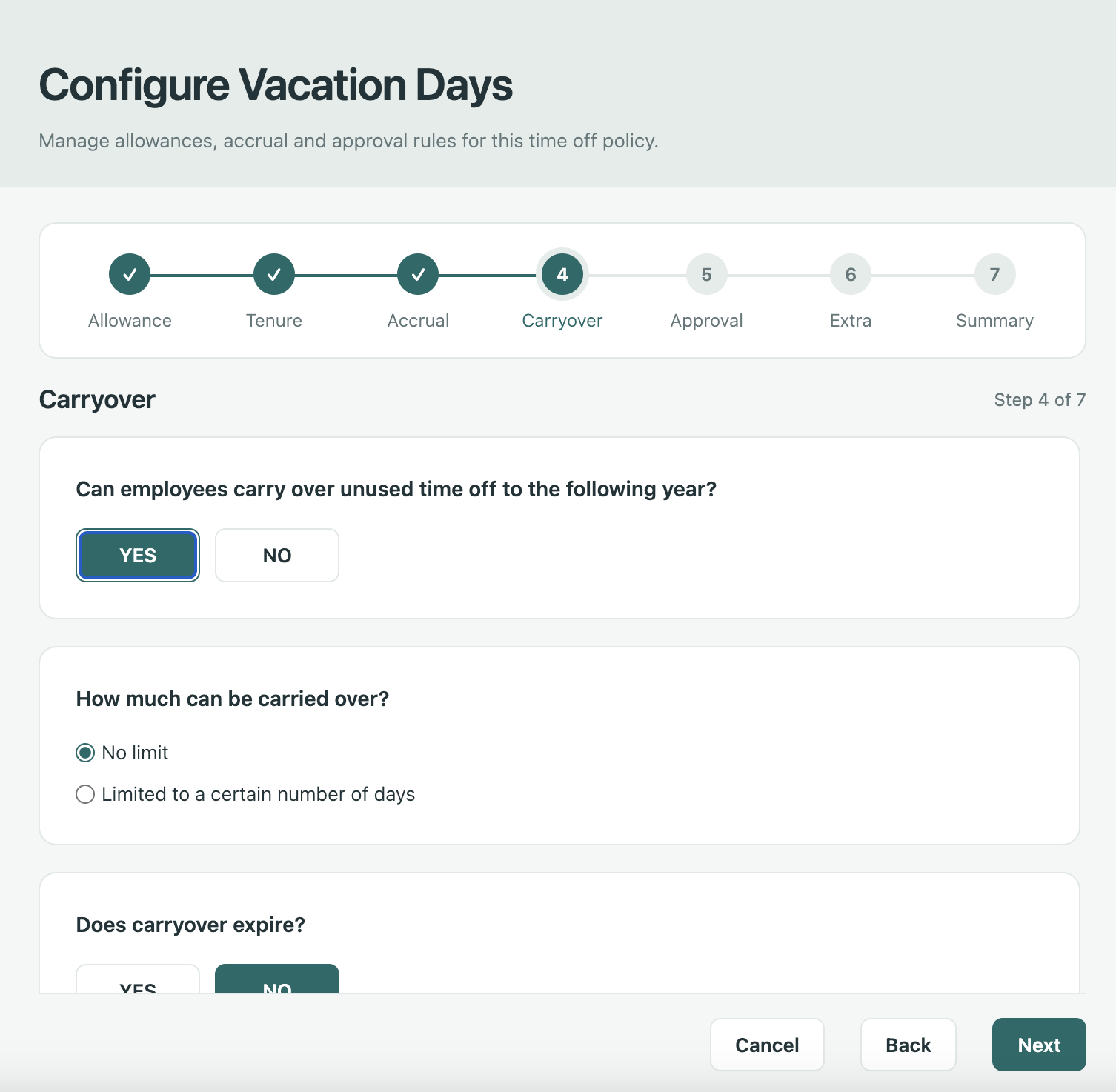 Workteam leave policy configuration wizard showing carryover limits and expiry settings